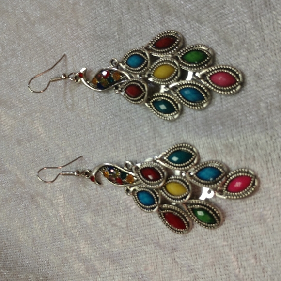 Earrings Peacock 3" Dangle Beaded with Color Rhinestones Lots of Fun Movement - Picture 3 of 6